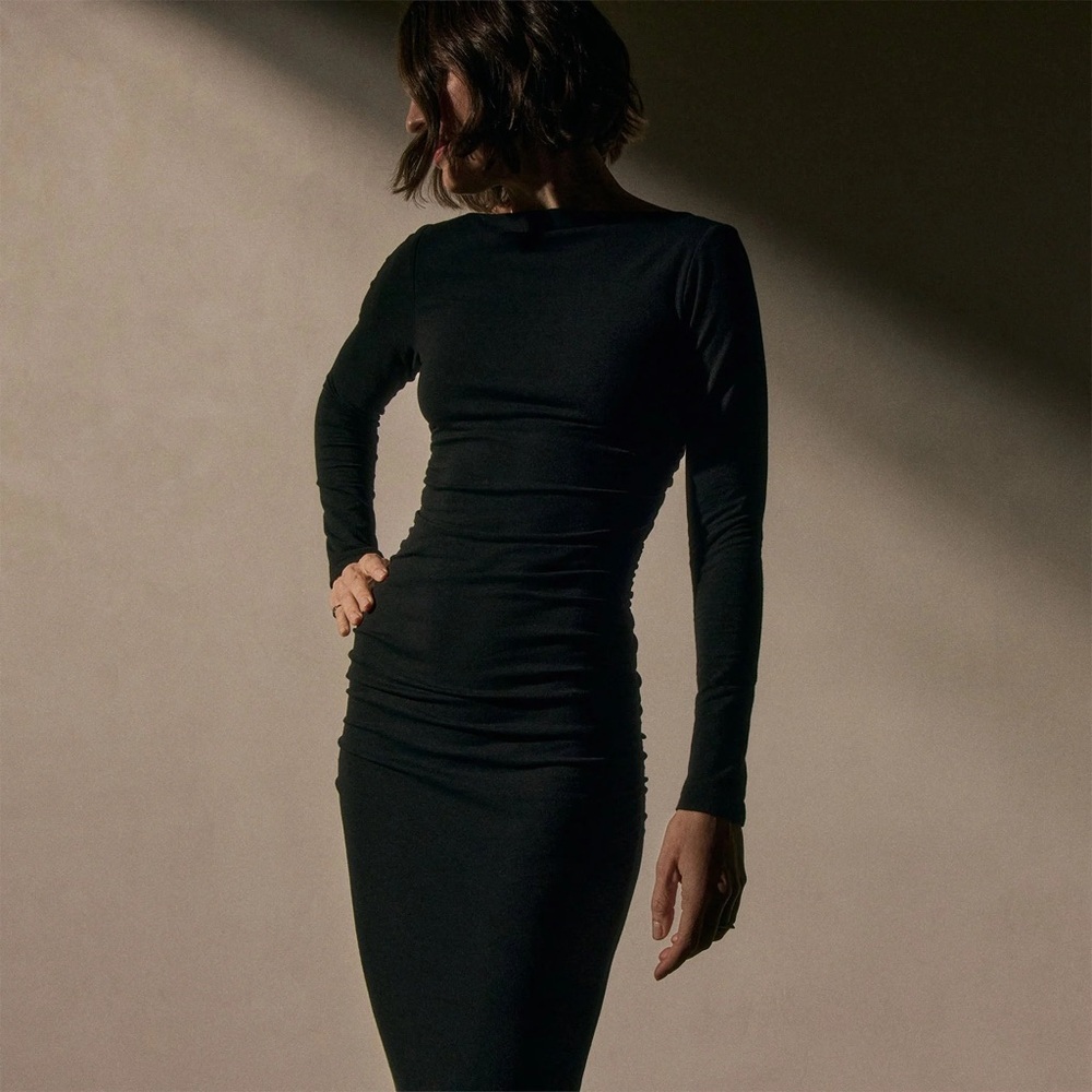 James Perse Ruched Long Sleeve Midi Dress | Minimalist Chic LBB Vibe Size 3 (L) - Picture 2 of 11